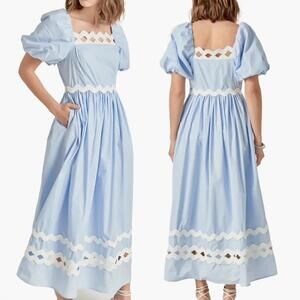 $220 NWT English Factory Powder Blue 100% Cotton Scallop Trim Midi Dress - MED